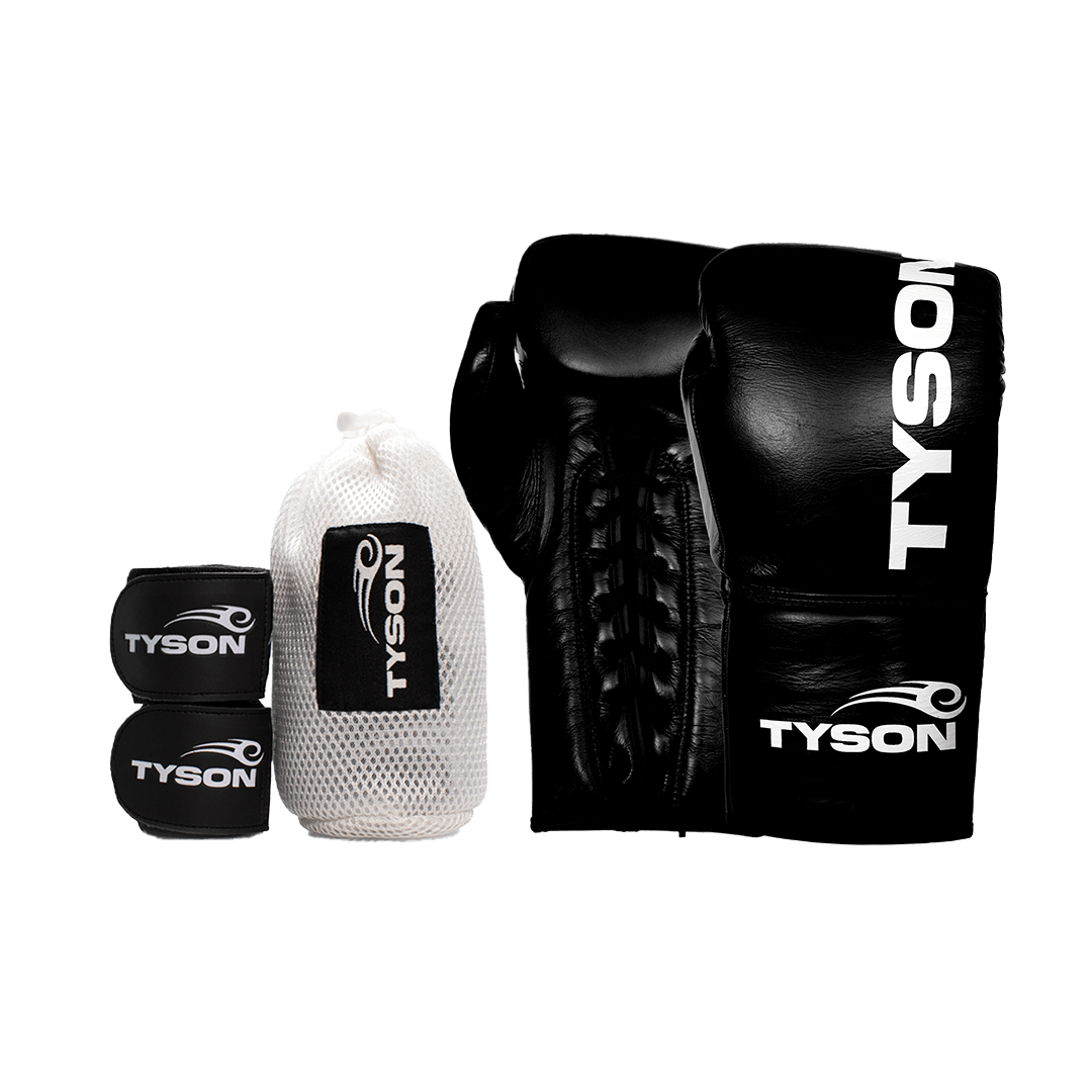 Black boxing gloves. White text saying "Tyson" runs vertically towards the fingers on the back of the gloves, while the Tyson Pro logo is on the wrist. The palm side of the glove features laces.

Black hand wraps with the Tyson Pro logo in white on the strap, and the Tyson half tribal logo repeatedly running along the entire wrap.