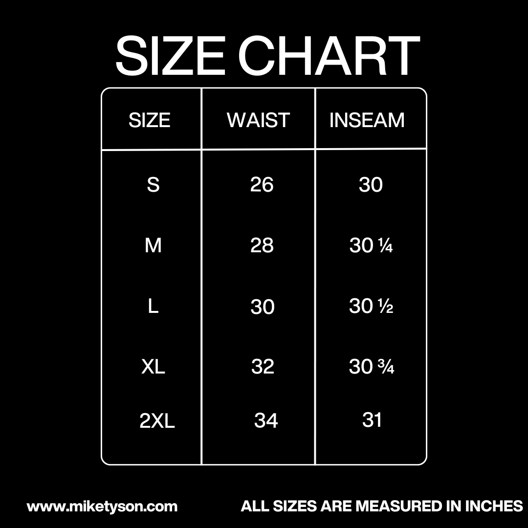 Size Chart in inches: Width - Small 26, Medium 28, Large 30, XL 32, 2XL 34. Inseam - Small 30, Medium 30 ¼, Large 30 ½, XL 30 ¾, 2XL 31.