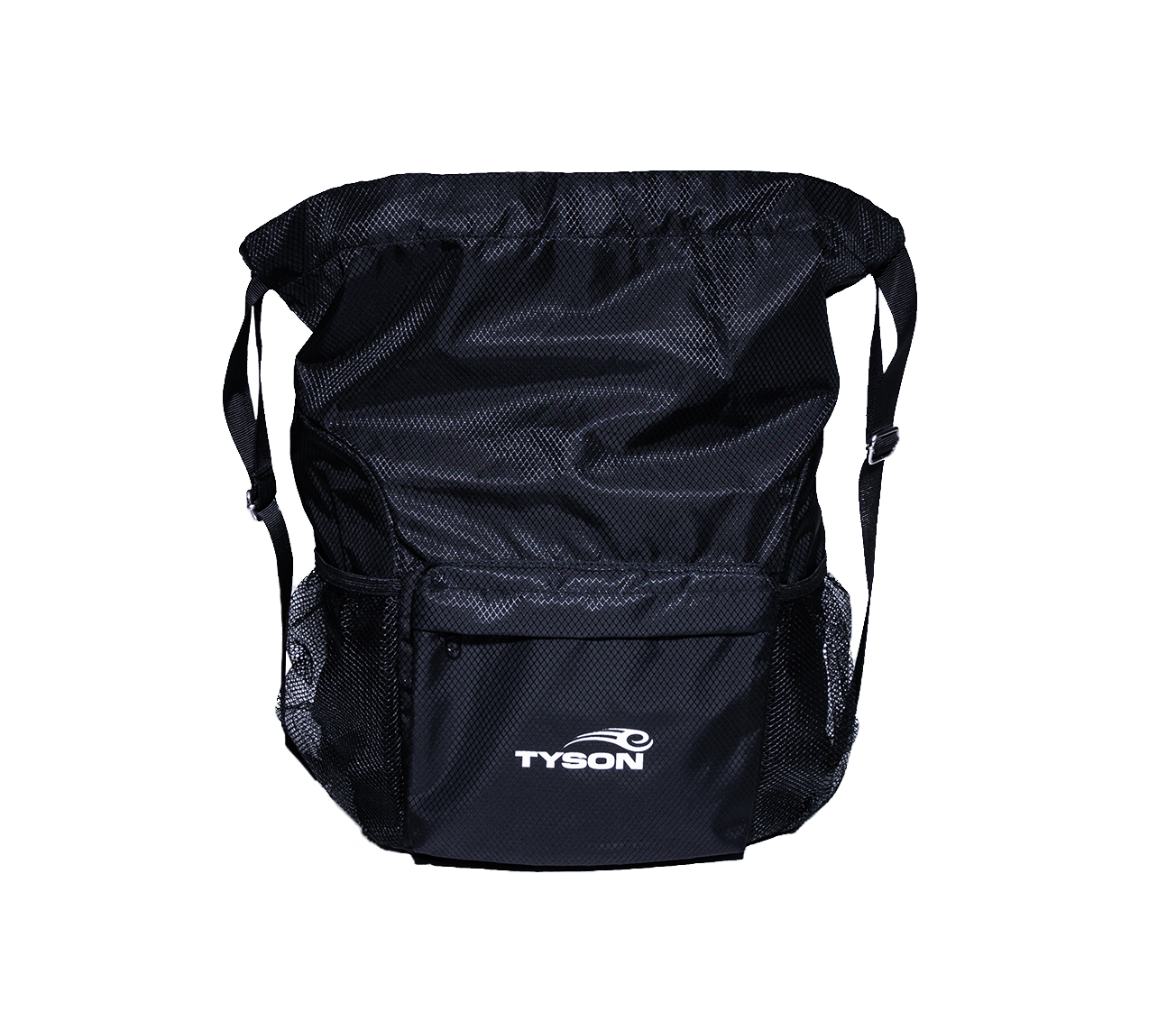 Black drawstring bag featuring the Tyson Pro logo in white on the front pocket panel. The bag has two mesh pockets on either side. 