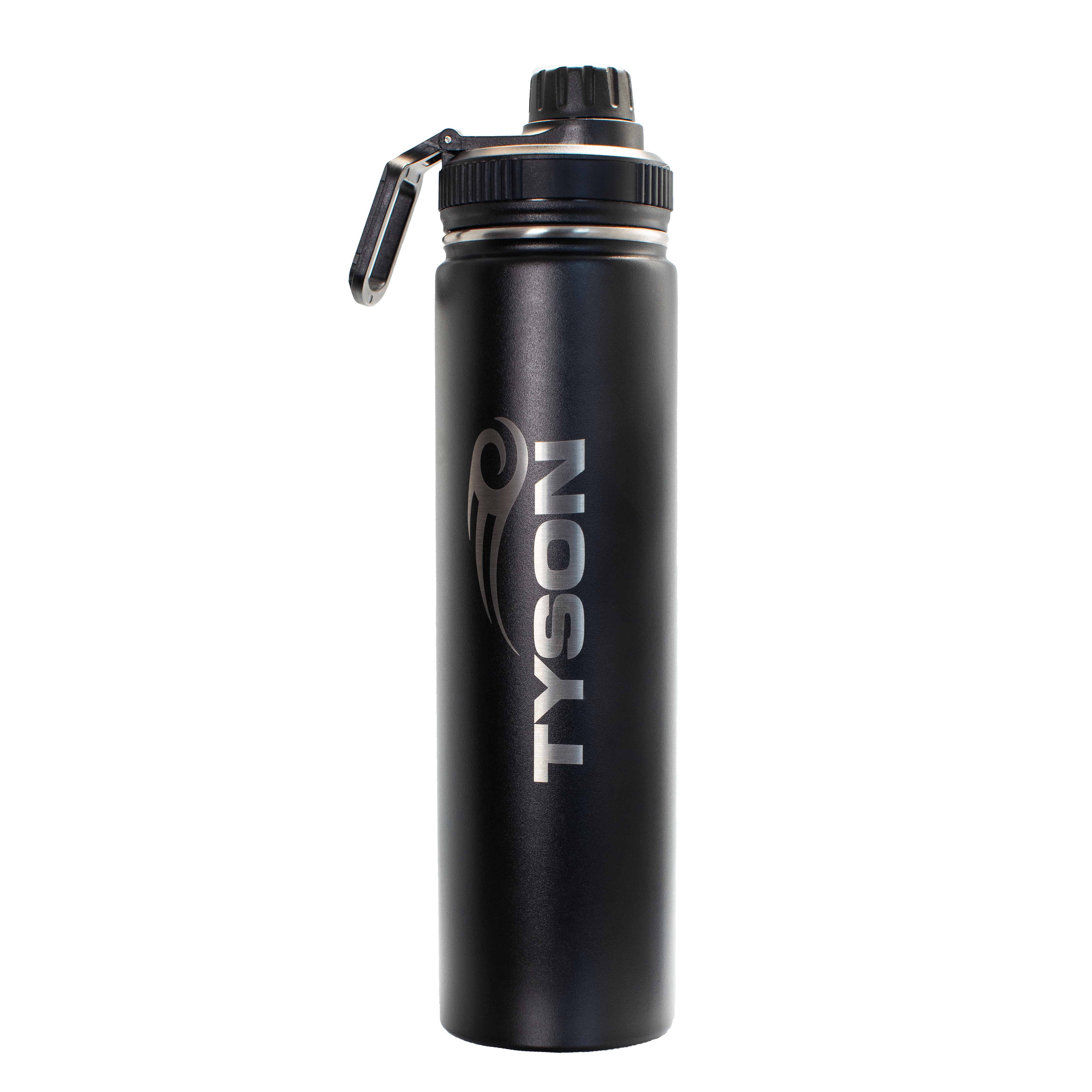 Matte black stainless steel water bottle. Two silver Tyson Pro logos are etched into the center of the bottle running vertically upward on opposite sides. The cap has a loop and the mouthpiece has a screw-top cover.