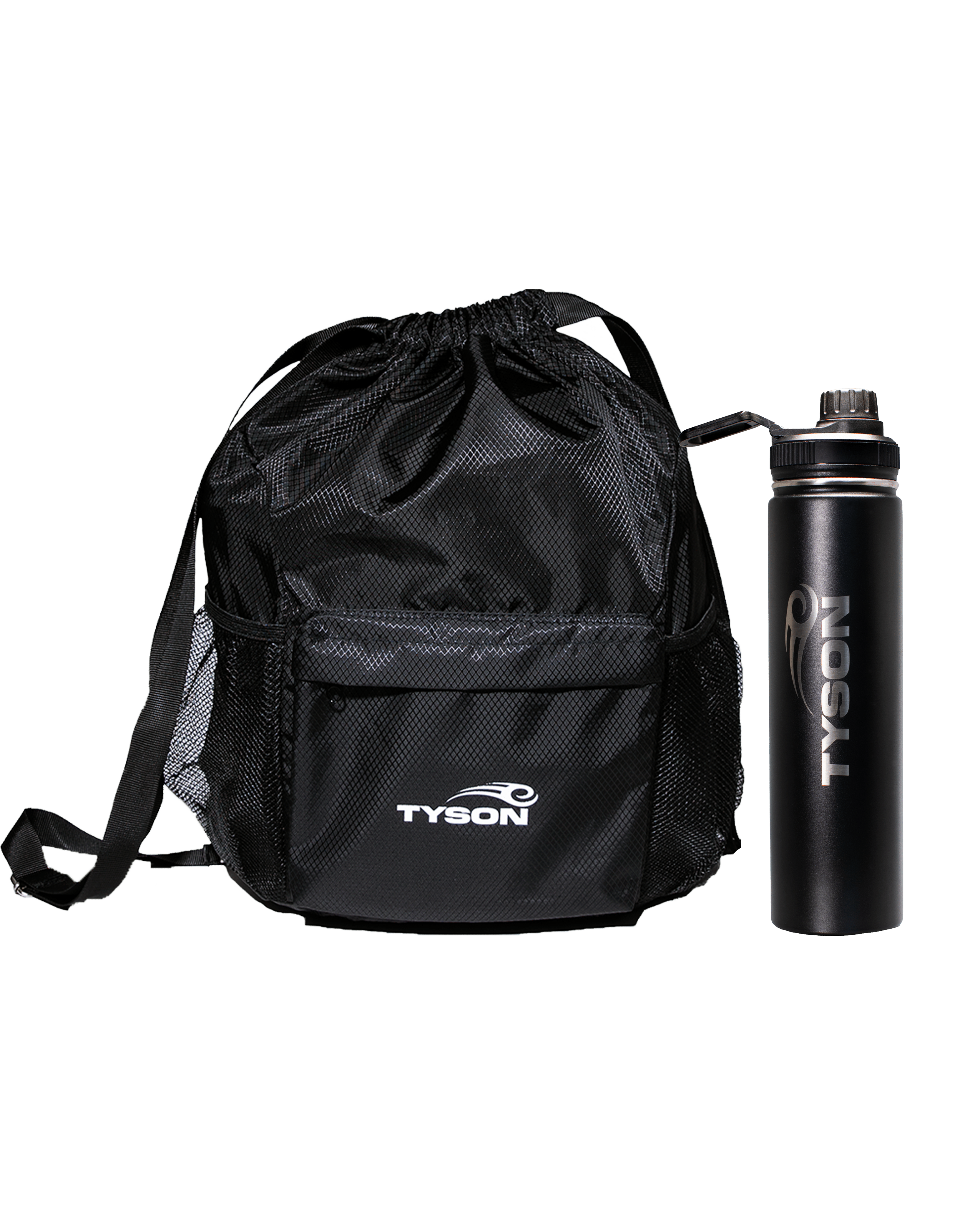 Black drawstring bag featuring the Tyson Pro logo in white on the front pocket panel. The bag has two mesh pockets on either side.

Matte black stainless steel water bottle. Two silver Tyson Pro logos are etched into the center of the bottle running vertically upward on opposite sides. The cap has a loop and the mouthpiece has a screw-top cover.