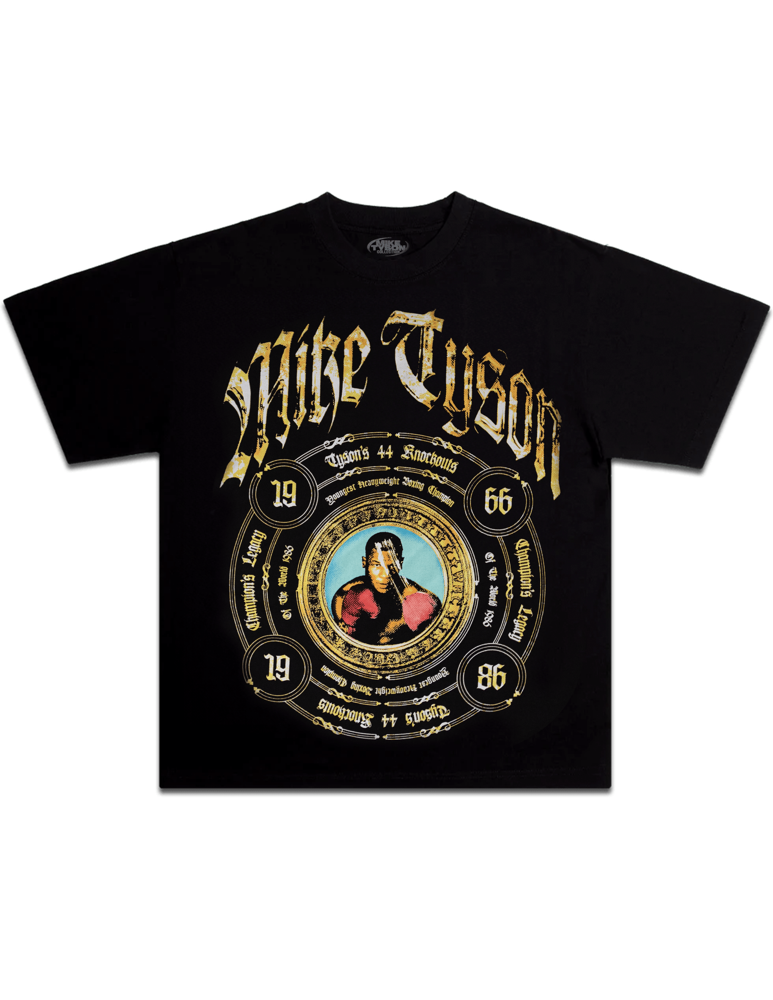 Black T-shirt. The front displays a title belt style design listing some significant dates and achievements from Mike Tyson's career, along with an image of him in the center and his name across the top. The back features the text "Knockout King" and a list of his 44 knockouts.