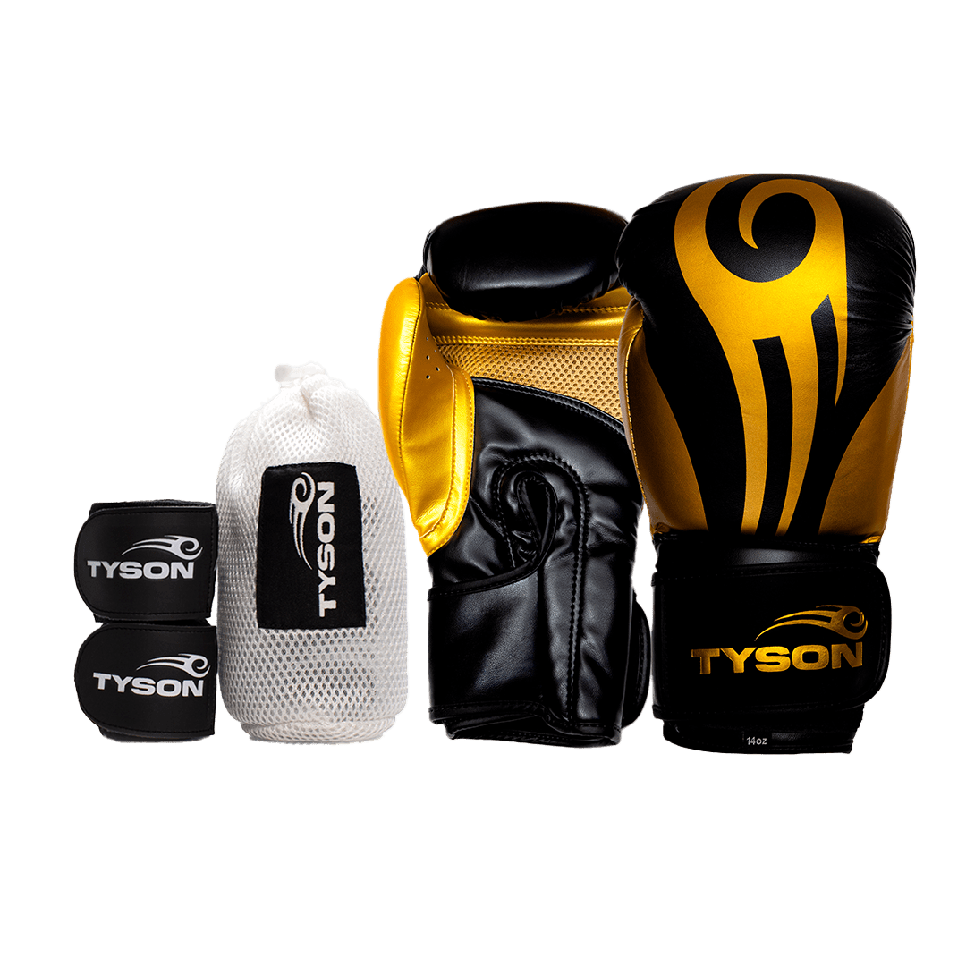 Black boxing gloves with gold accents. The Tyson half tribal logo is featured on the back of the gloves and the Tyson Pro logo is on the wrist strap. The palm area has mesh.

Black hand wraps with the Tyson Pro logo in white on the strap, and the Tyson half tribal logo repeatedly running along the entire wrap.