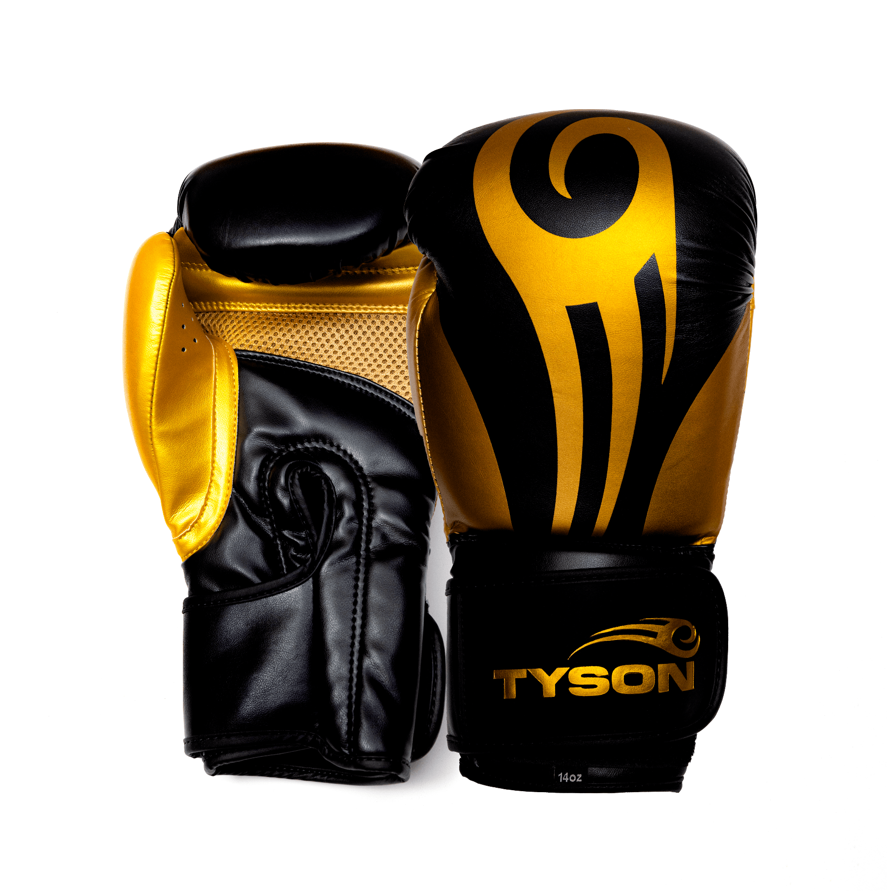 Black boxing gloves with gold accents. The Tyson half tribal logo is featured on the back of the gloves and the Tyson Pro logo is on the wrist strap. The palm area has mesh.