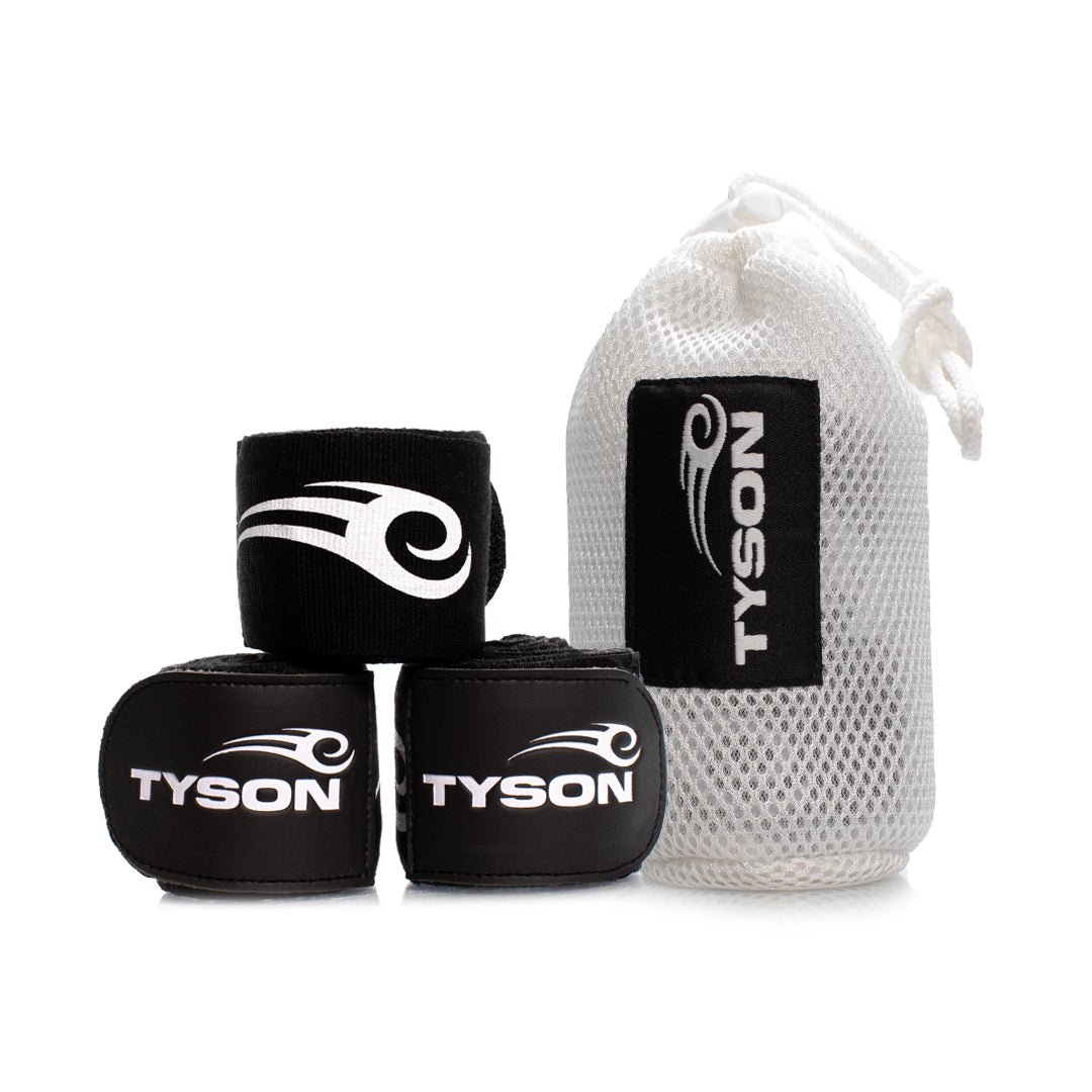 Black hand wraps 3-pack with the Tyson Pro logo in white on the strap, and the Tyson half tribal logo repeatedly running along the entire wrap. 