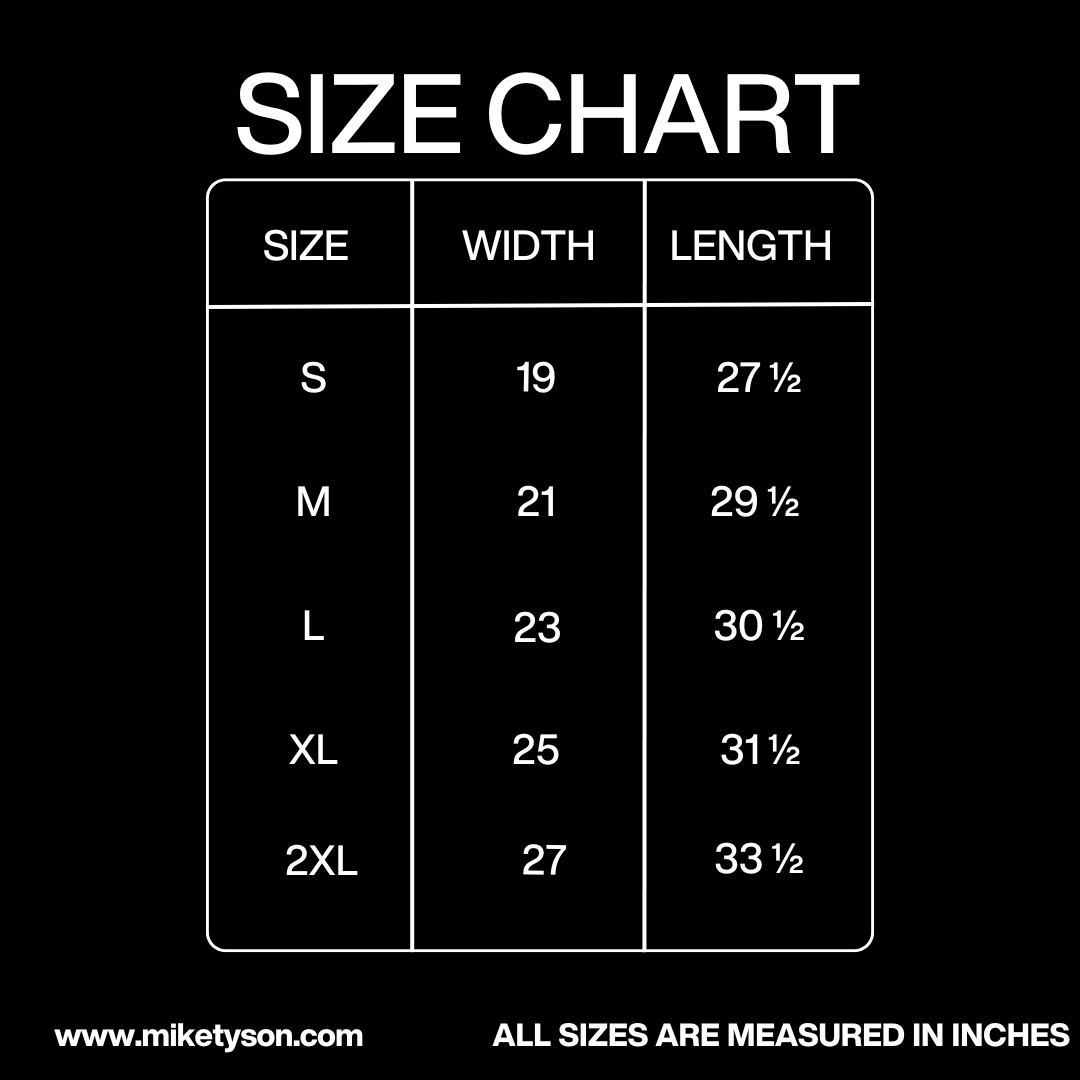 Size Chart in inches: Width - Small 19, Medium 21, Large 23, XL 25, 2XL 27. Length - Small 27 ½, Medium 29 ½, Large 30 ½, XL 31 ½, 2XL 33 ½.