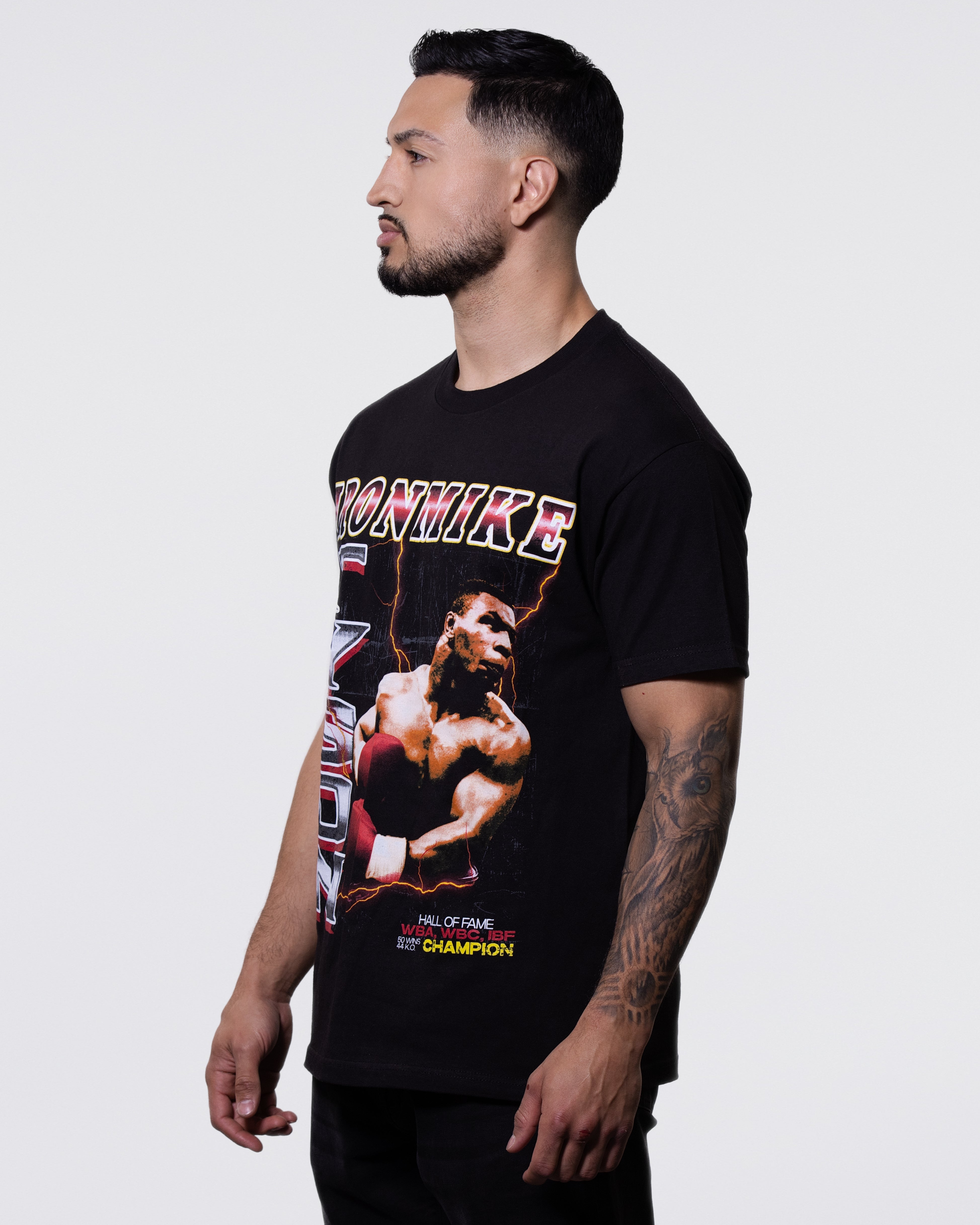 Model wearing the Mike Tyson Left Hook tee.