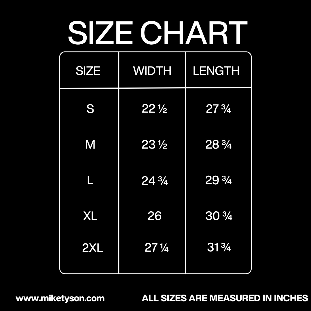 Size Chart in inches: Width - Small 22 ½, Medium 23 ½, Large 24 ¾, XL 26, 2XL 27 ¼. Length - Small 27 ¾, Medium 28 ¾, Large 29 ¾, XL 30 ¾, 2XL 31 ¾.