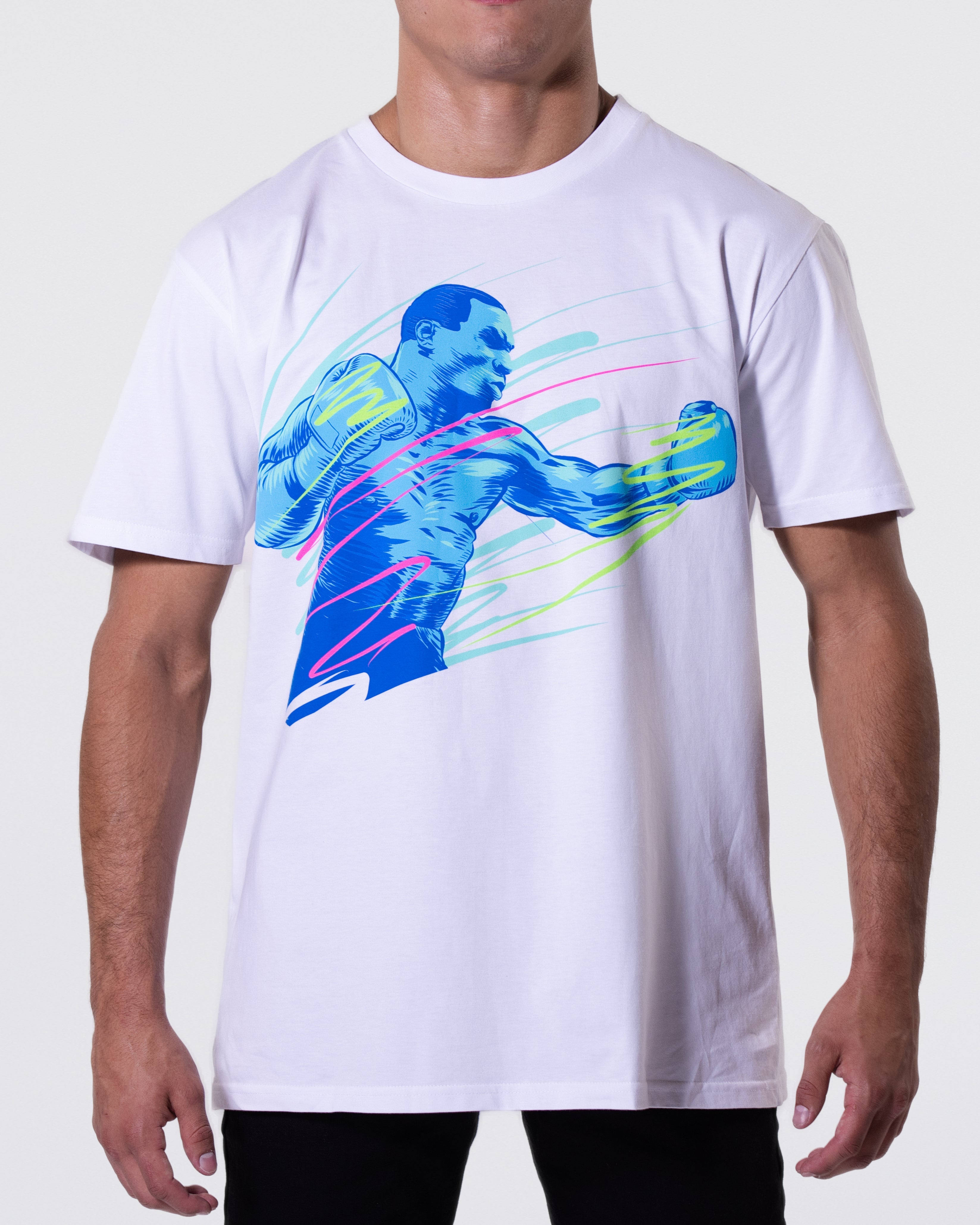 White T-shirt with a neon blue image of Mike throwing a punch in the center, and neon green, red and blue line effects throughout the graphic to represent the speed of Mike's punch.