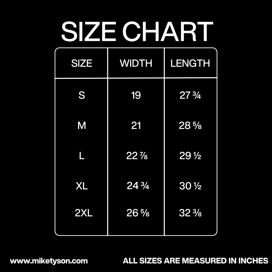 Size Chart in inches: Width - Small 19, Medium 21, Large 22 ⅞, XL 24 ¾, 2XL 26 ⅝. Length - Small 27 ¾, Medium 28 ⅝, Large 29 ½, XL 30 ½, 2XL 32 ⅜.