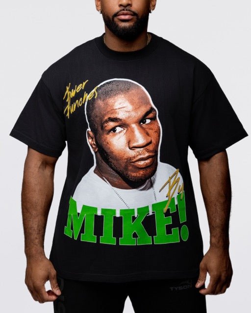 Black T-shirt with an image of a young Mike. The top has small text that says "Power Punches" while the bottom says "Mike!"