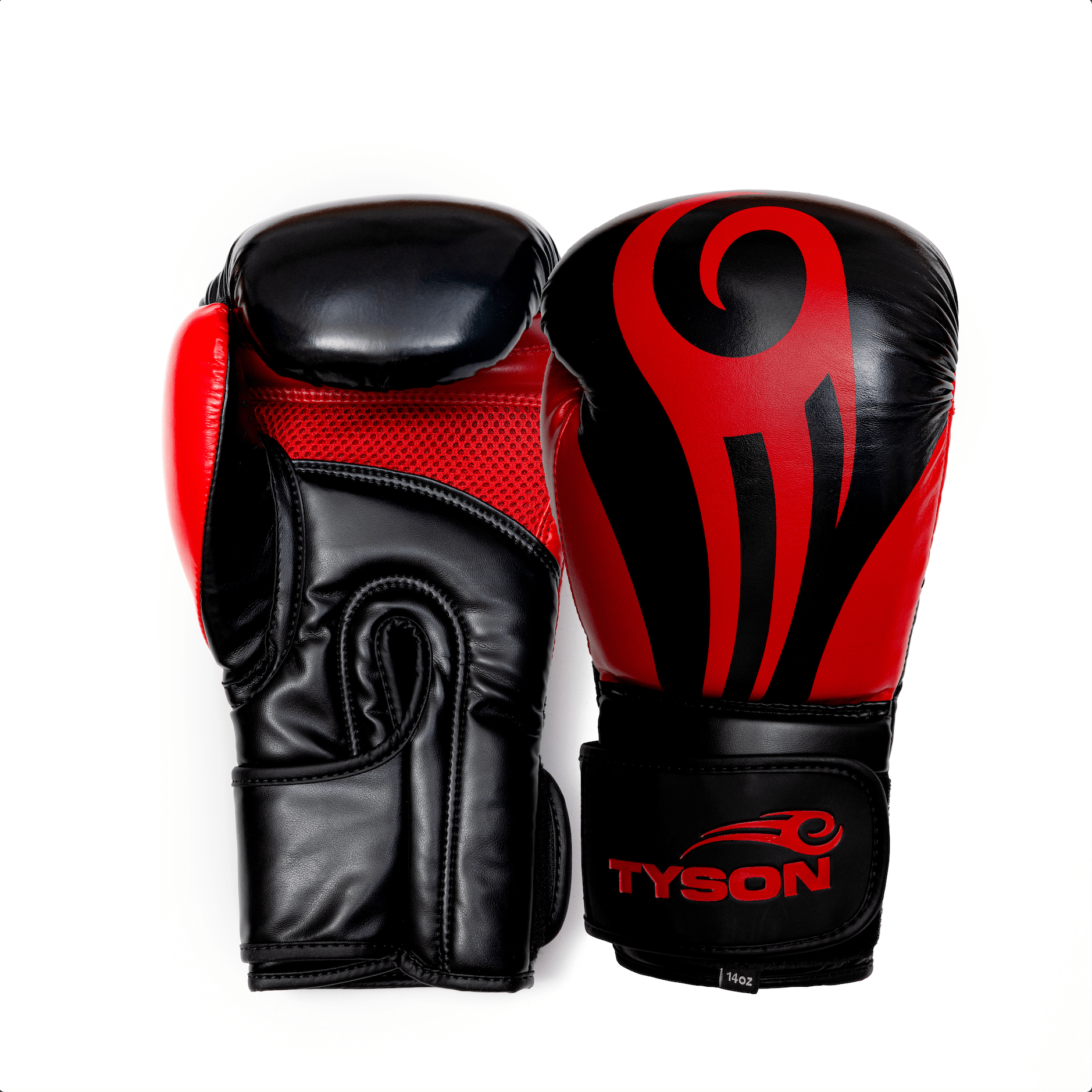 Black boxing gloves with red accents. The Tyson half tribal logo is featured on the back of the gloves and the Tyson Pro logo is on the wrist strap. The palm area has mesh.