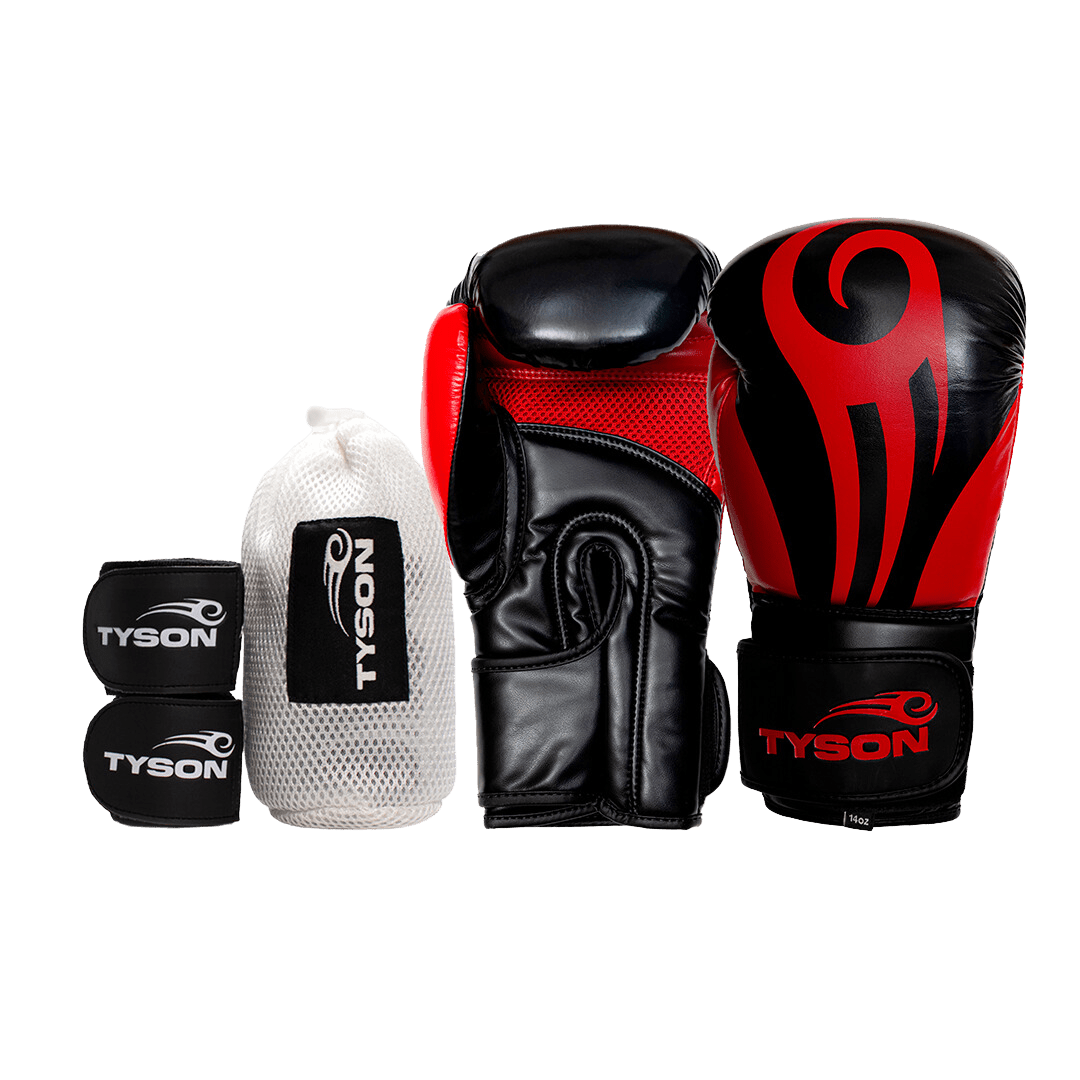 Black boxing gloves with red accents. The Tyson half tribal logo is featured on the back of the gloves and the Tyson Pro logo is on the wrist strap. The palm area has mesh.

Black hand wraps with the Tyson Pro logo in white on the strap, and the Tyson half tribal logo repeatedly running along the entire wrap.