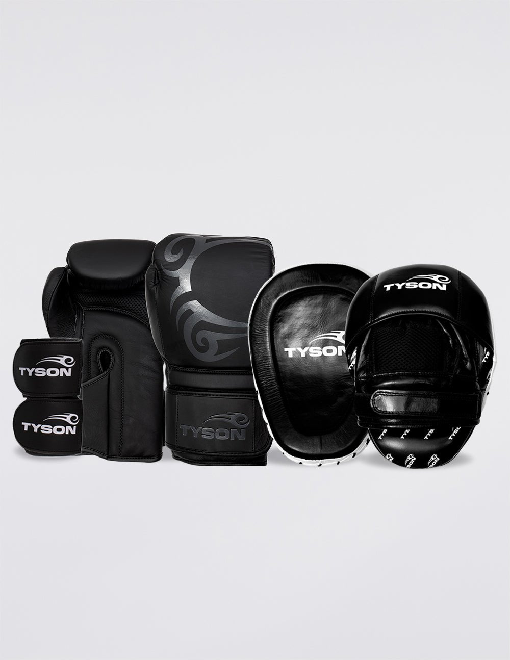 Matte black boxing gloves. A glossy graphic of Mike Tyson's face tattoo is on the back of the gloves and the Tyson Pro logo is on the wrist strap.

Black focus mitts with a white border. A white Tyson Pro logo is featured on the face of the mitt. The logo is also featured on the top of the backside, and a pattern with the logos is at the bottom. There is mesh on the backside along with the tightening strap.

Black Tyson Pro Hand Wraps.