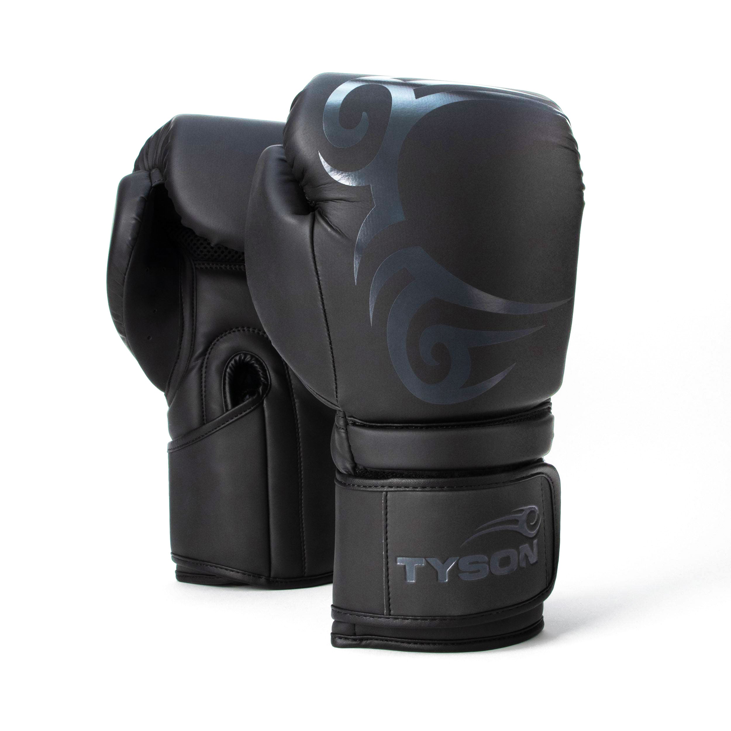 Matte black boxing gloves. A glossy graphic of Mike Tyson's face tattoo is on the back of the gloves and the Tyson Pro logo is on the wrist strap.