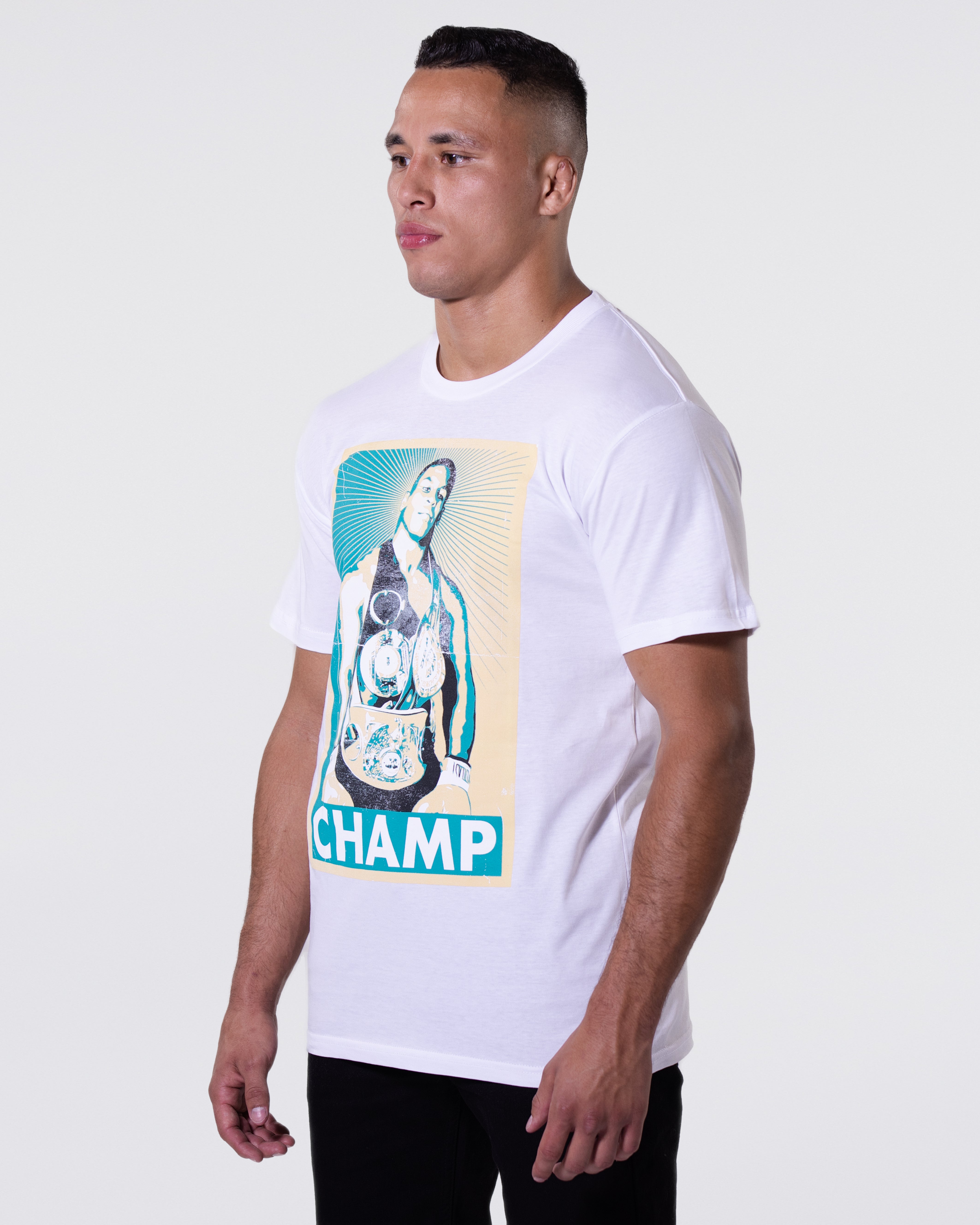 Model wearing the Tyson Champ tee.