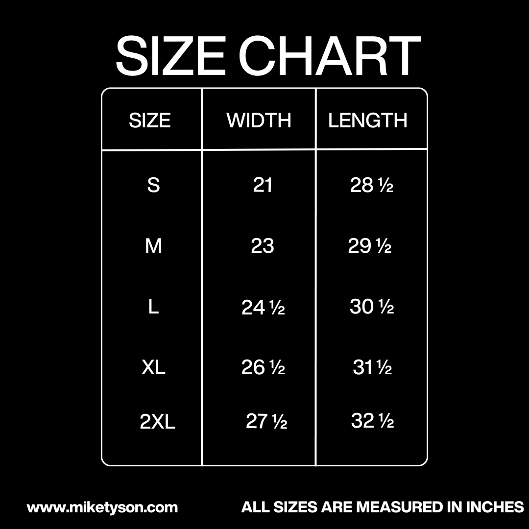 Size Chart in inches: Width - Small 21, Medium 23, Large 24 ¼, XL 26 ½, 2XL 27 ½. Length - Small 28 ½, Medium 29 ½, Large 30 ½, XL 31 ½, 2XL 32 ½.