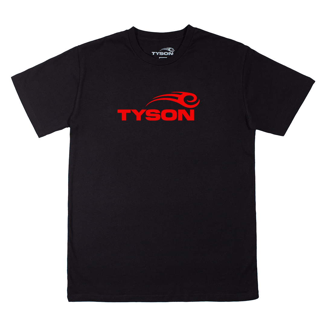 Black T-shirt prominently featuring the Tyson Pro logo in red across the chest.  