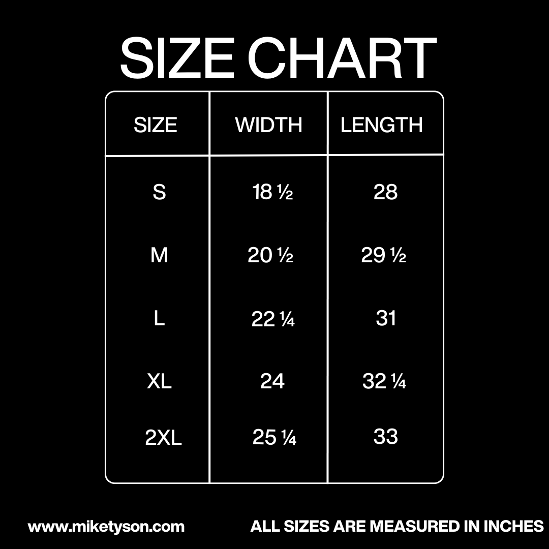 Size Chart in inches: Width - Small 18 ½, Medium 20 ½, Large 22 ¼, XL 24, 2XL 25 ¼. Length - Small 28, Medium 29 ½, Large 31, XL 32 ¼, 2XL 33.