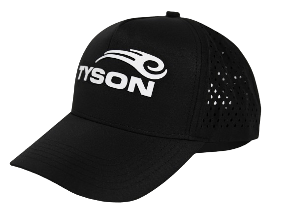 Black baseball-style hat featuring the Tyson Pro logo in white on the front panel. The backside of the hat is mesh and has a snap closure. 