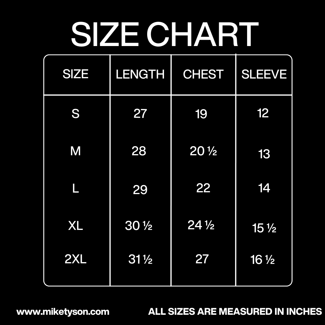 Size Chart in inches: Length - Small 27, Medium 28, Large 29, XL 30 ½, 2XL 31 ½. Chest - Small 19, Medium 20 ½, Large 22, XL 24 ½, 2XL 27. Sleeve - Small 12, Medium 13, Large 14, XL 15 ½, 2XL 16 ½.