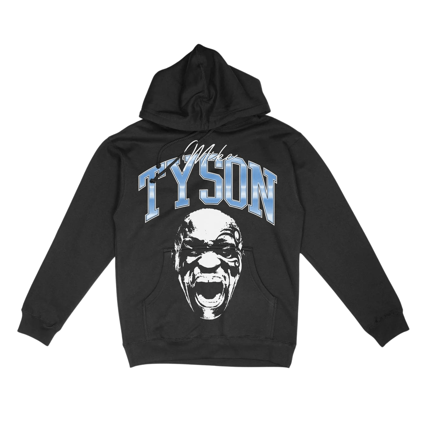 Black Hoodie and matching sweatpants. The hoodie has a black and white image of Mike screaming towards the viewer. Above the image says "Mike Tyson." The sweatpants say "Mike Tyson" across the front in the same style as the Hoodie.