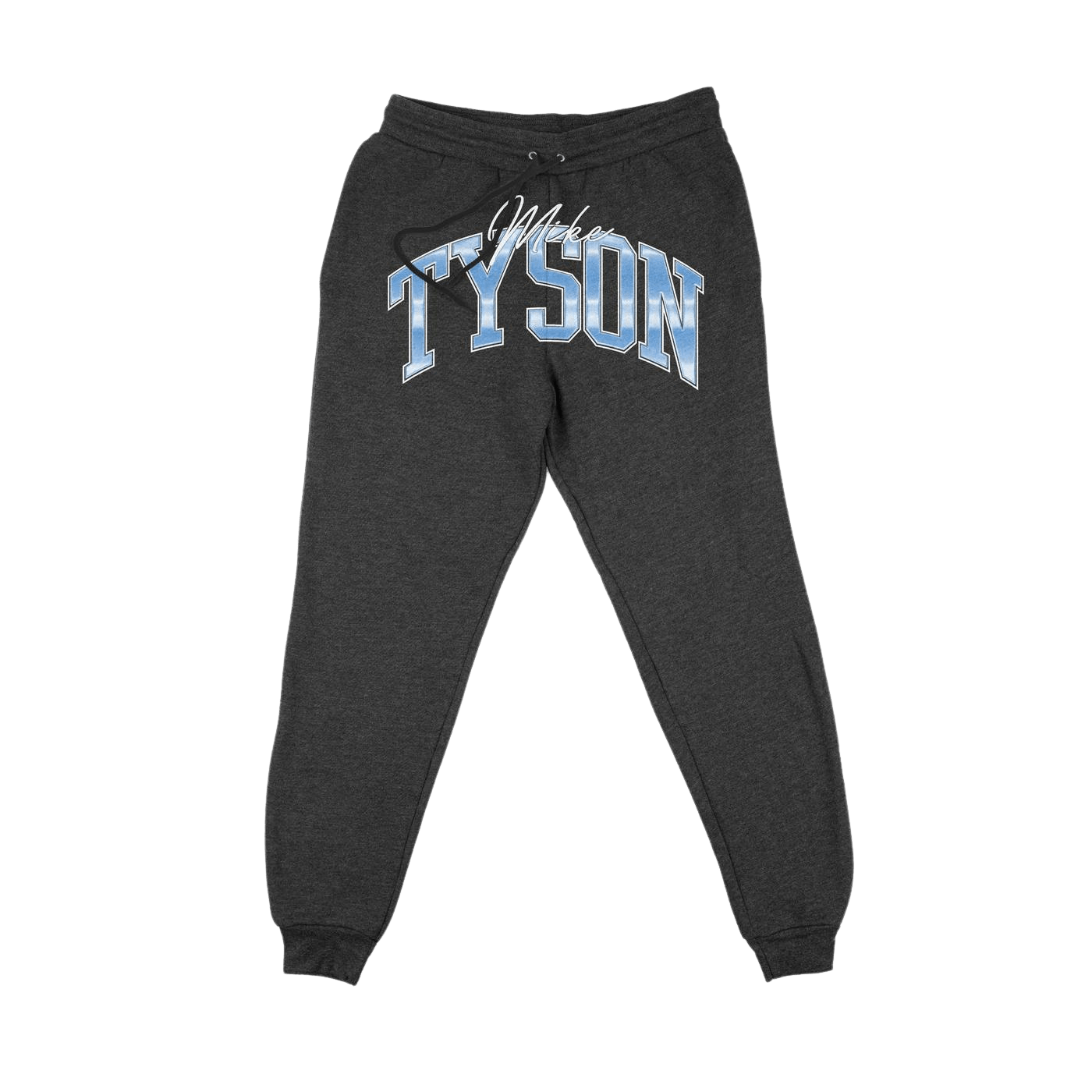 Black Hoodie and matching sweatpants. The hoodie has a black and white image of Mike screaming towards the viewer. Above the image says "Mike Tyson." The sweatpants say "Mike Tyson" across the front in the same style as the Hoodie.