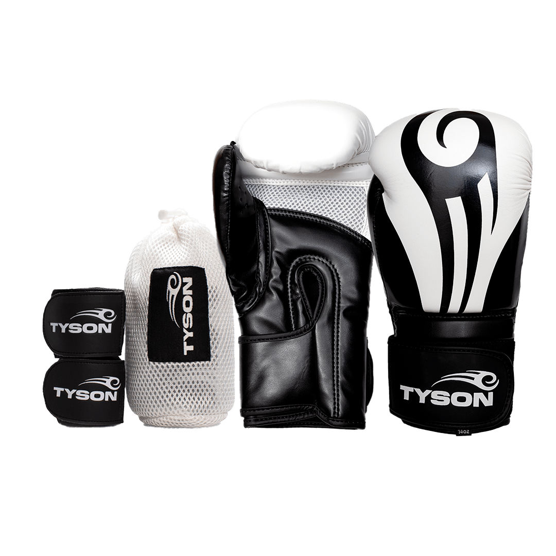 Black boxing gloves with gold accents. The Tyson half tribal logo is featured on the back of the gloves and the Tyson Pro logo is on the wrist strap. The palm area has mesh.

Black hand wraps with the Tyson Pro logo in white on the strap, and the Tyson half tribal logo repeatedly running along the entire wrap.