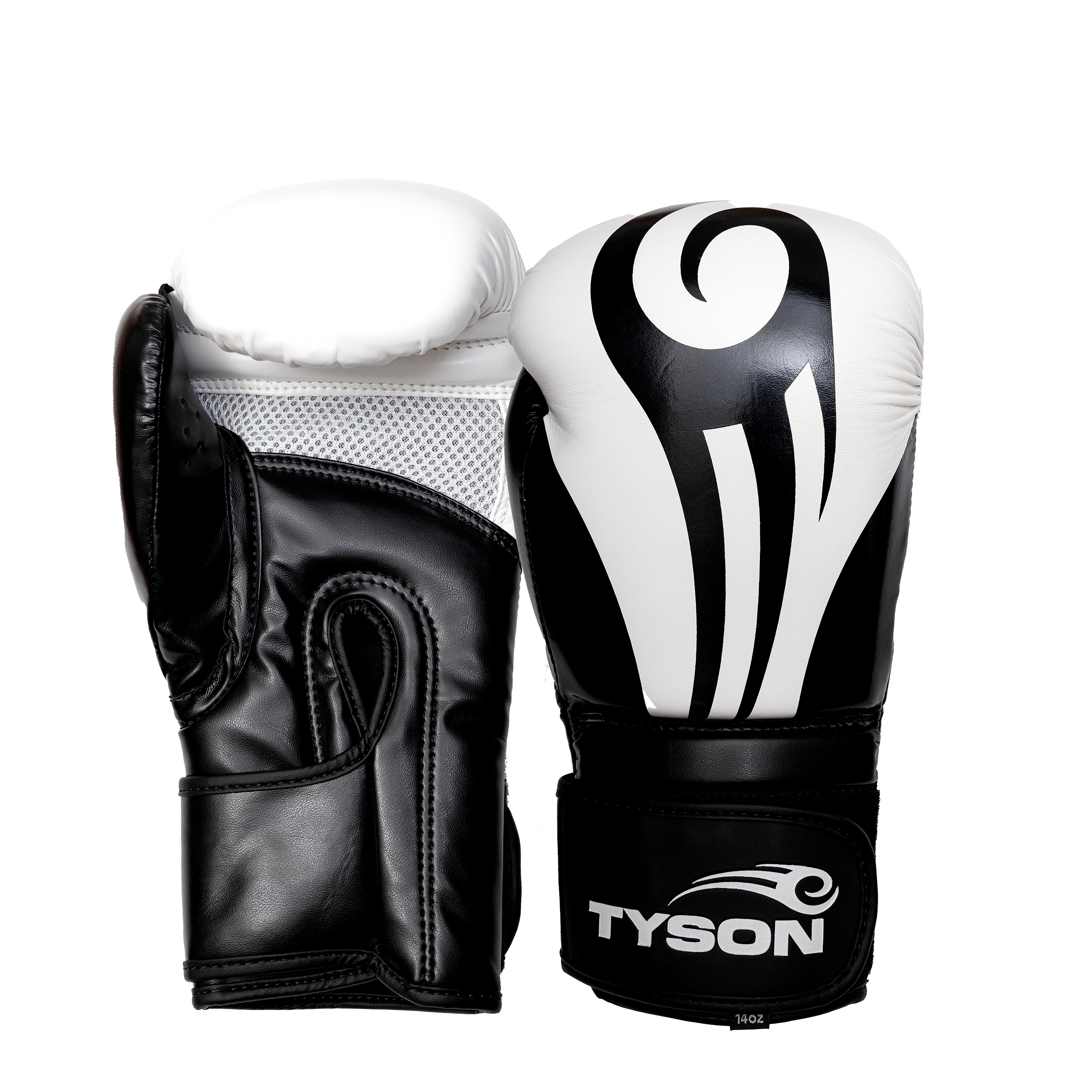 Black boxing gloves with white accents. The Tyson half tribal logo is featured on the back of the gloves and the Tyson Pro logo is on the wrist strap. The palm area has mesh.