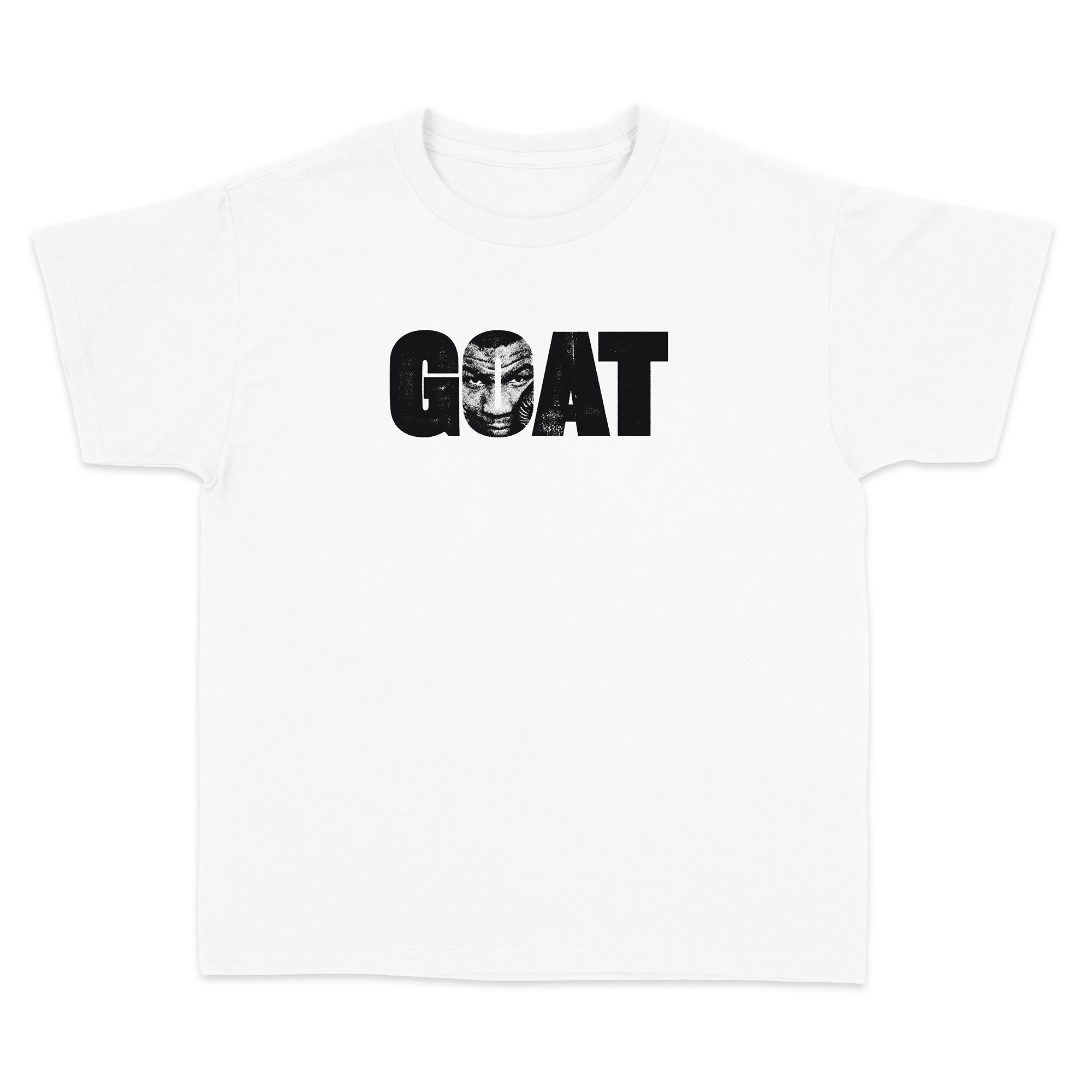 White T-shirt with the word GOAT across the chest. Mike Tyson's face can be seen within the O. On the back, the name Tyson runs down about 2 inches just under the neckline. 