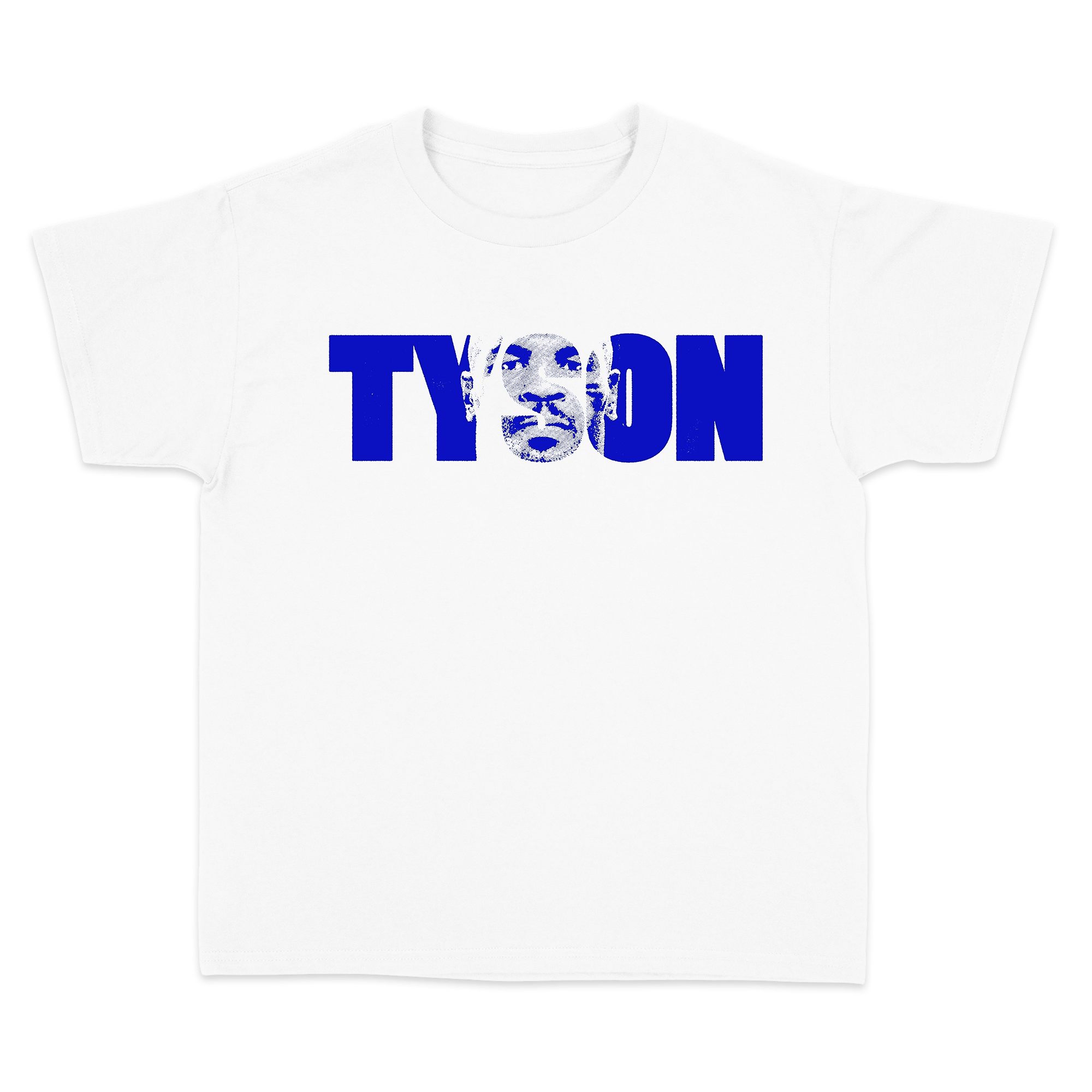 White T-shirt with blue "Tyson" text in block letters across the chest. An image of Mike's face is seen within the "YSO" of his name.  